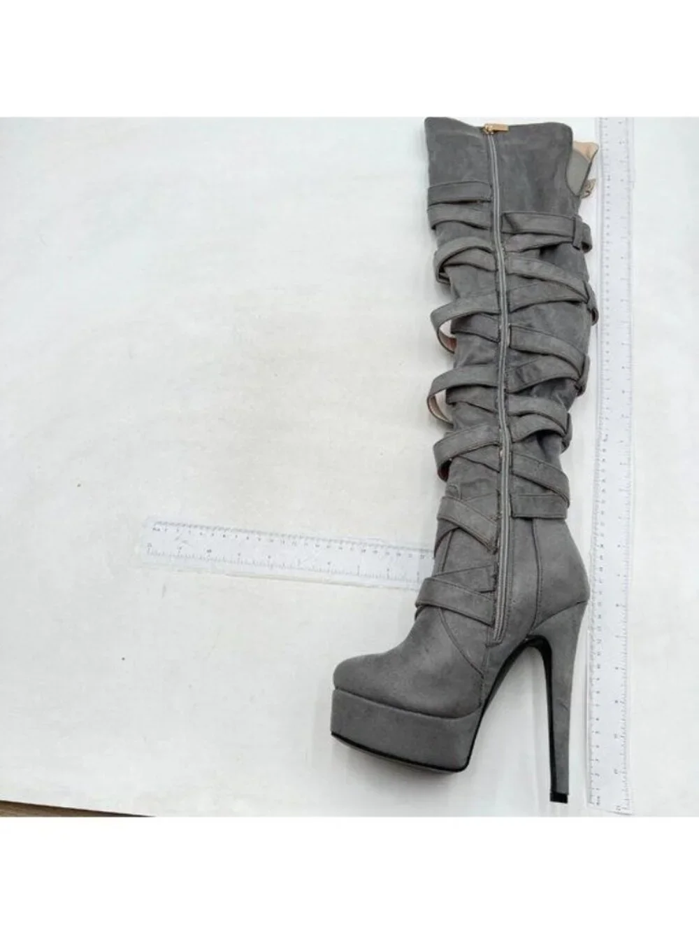 Women Knee High Boots Lace Up Knee Length Boots Punk Grey Stiletto Platforms